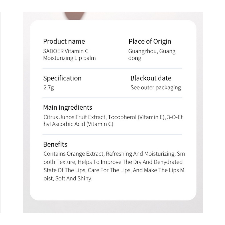 Sadoer Son Môi vitamin c Dưỡng Ẩm Cải Thiện Tình Trạng Khô Môi 2.7g
