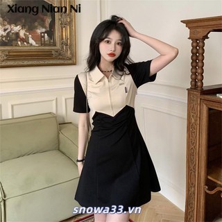 Đầm nữ XIANG NIAN NI cổ polo nhấn eo nhẹ nhàng phong cách Pháp thời trang mùa hè