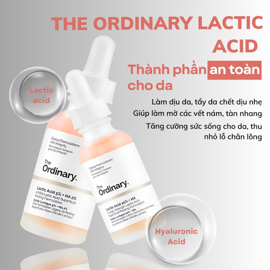 The Ordinary Lactic Acid 5% + HA, Latic Acid 10% + HA, Serum Tẩy Tế Bào Chết Mặt Peel Da, Tinh Chất Dưỡng Sáng Mờ Thâm