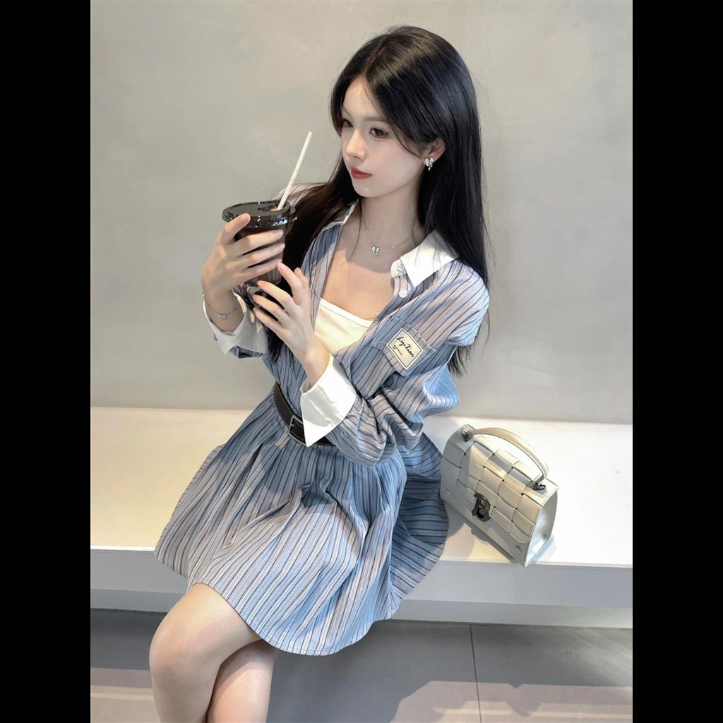 Set Áo Sơ Mi Tay Dài Kẻ Sọc Phối Chân Váy Xếp Ly Lưng Cao Phong Cách Đường Phố Thời Trang Cho Nữ