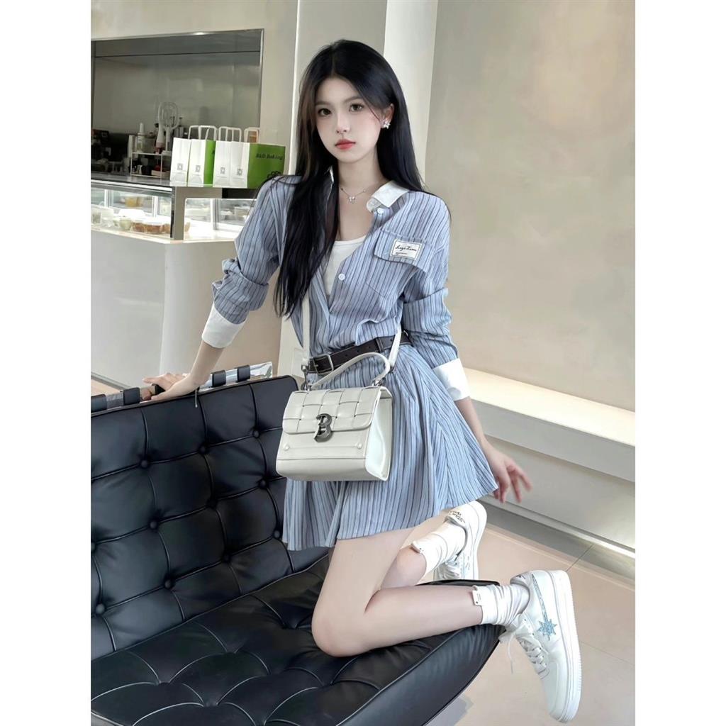 Set Áo Sơ Mi Tay Dài Kẻ Sọc Phối Chân Váy Xếp Ly Lưng Cao Phong Cách Đường Phố Thời Trang Cho Nữ