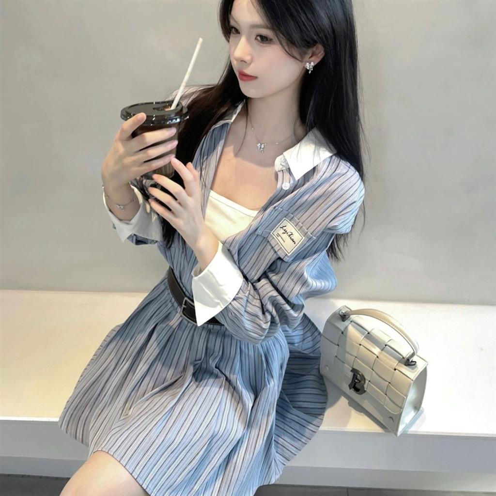 Set Áo Sơ Mi Tay Dài Kẻ Sọc Phối Chân Váy Xếp Ly Lưng Cao Phong Cách Đường Phố Thời Trang Cho Nữ