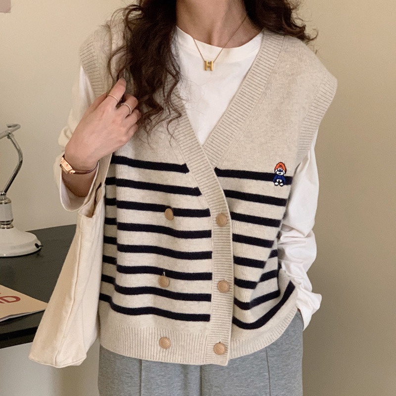 Áo sweater RENJIANVSHENG dệt kim không tay kẻ sọc phối màu tương phản kiểu cổ điển thời trang