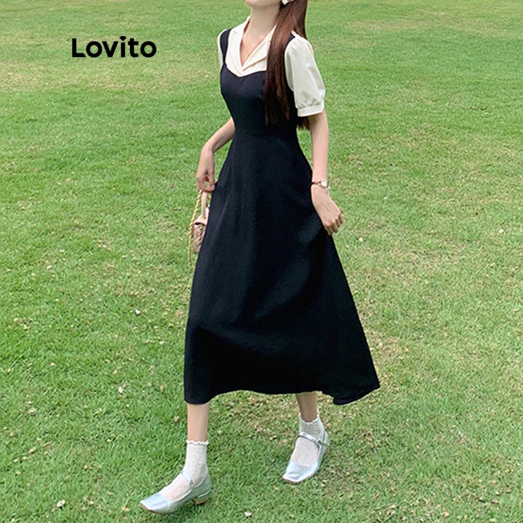 Đầm midi Lovito kiểu chữ A tay ngắn ghép nối màu trơn thường ngày cho nữ LNE09190 (Đen và Trắng)