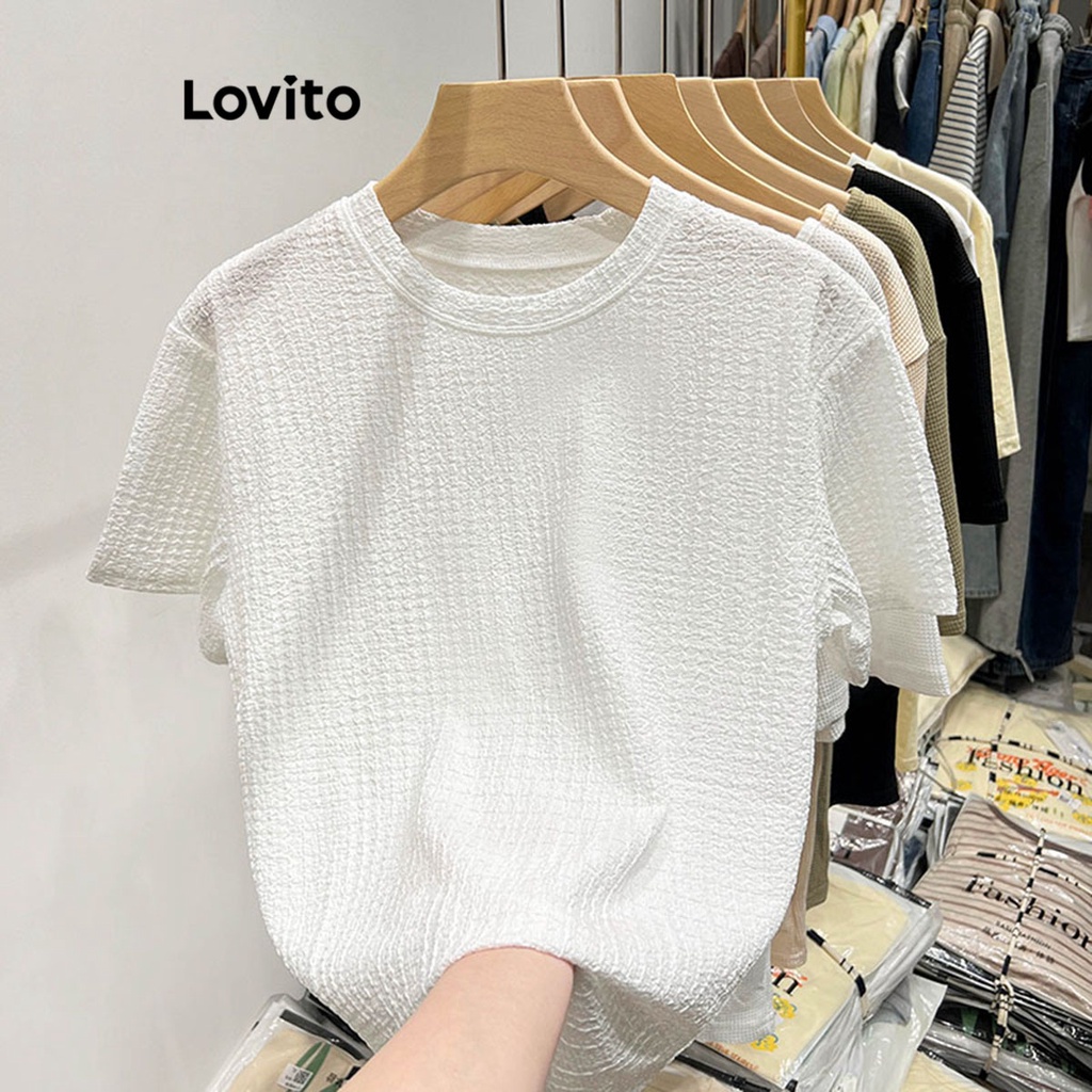 Áo thun Lovito vải jacquard màu trơn thường ngày cho nữ LNE16065
