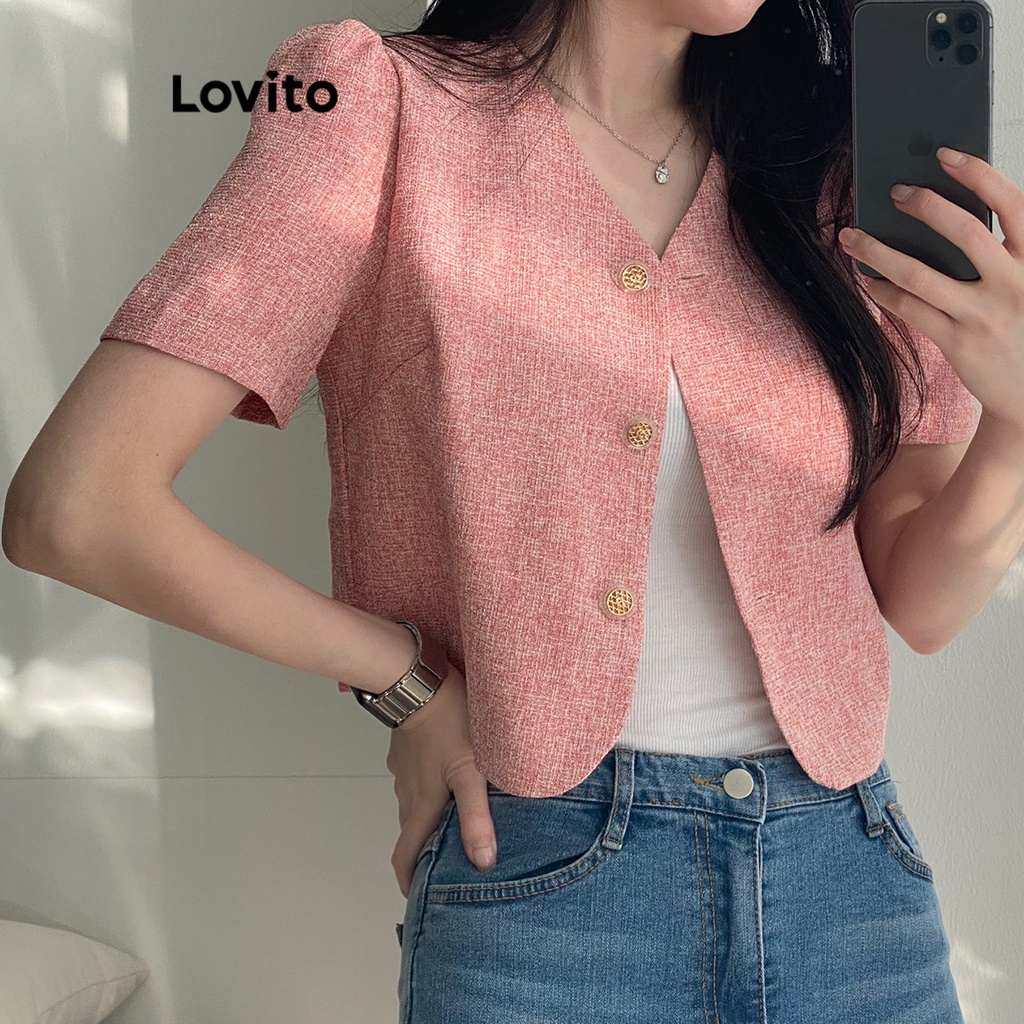Áo blazer Lovito phối nút màu trơn thường ngày cho nữ LNE16081