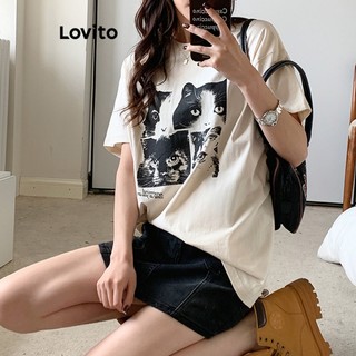 Lovito Áo thun thông thường Áo thun mèo cỡ lớn động vật dành cho nữ LNE16096 (Trắng)