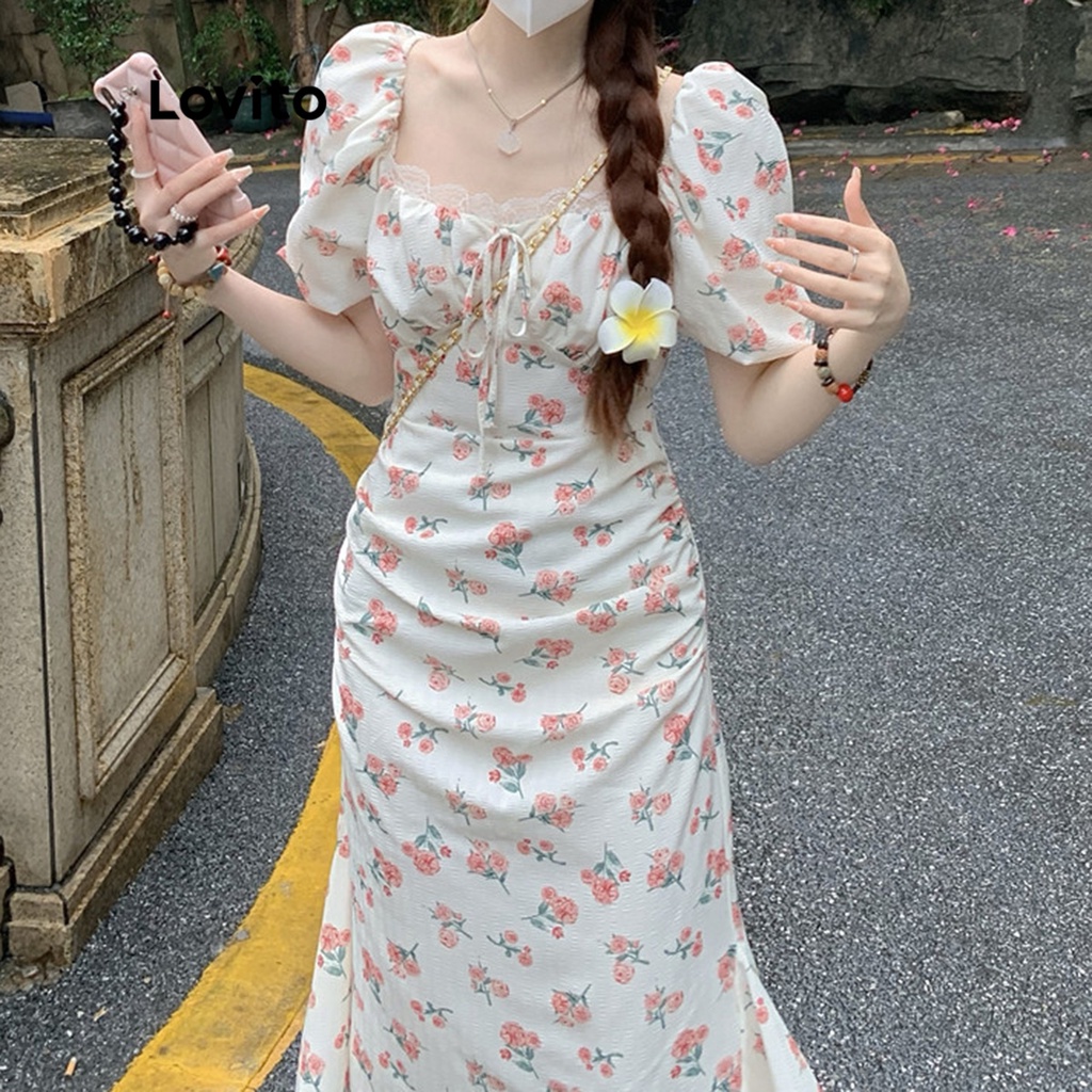 Đầm Lovito xếp ly họa tiết hoa tay phồng thời trang Boho cho nữ LNE13089