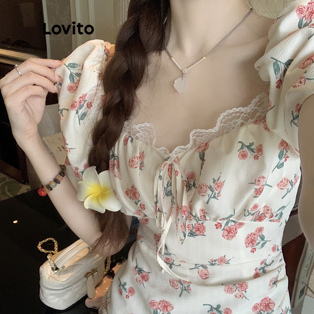 Đầm Lovito xếp ly họa tiết hoa tay phồng thời trang Boho cho nữ LNE13089