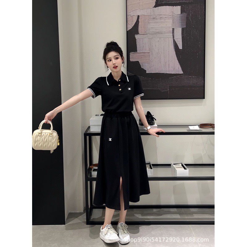 Áo len ngắn tay Cn cổ polo 3 cúc 2 màu đen trắng cho nữ