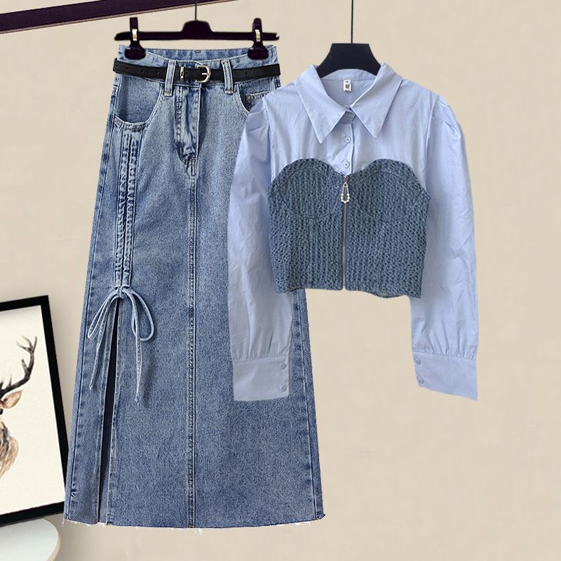 Bộ Áo Sơ Mi Giả Hai Mảnh + Chân Váy denim Mỏng Phong Cách Mới Mùa Xuân 2023 Cho Nữ#0828#