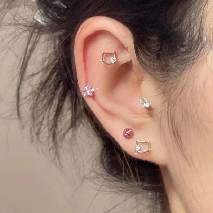 Papaozhu set 3 Khuyên Tai Hình Mèo kitty / Quả Cầu Pha Lê Màu Hồng Không Gây Dị Ứng Cho Nữ