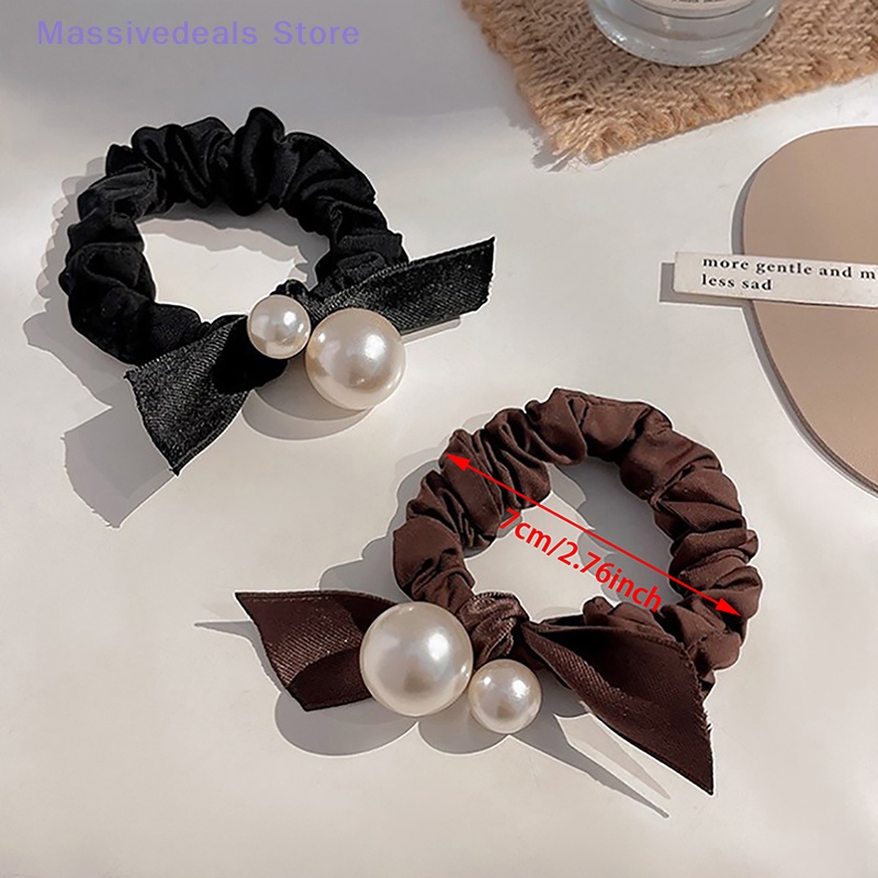 Dây Buộc Tóc Nhung Đính Ngọc Trai Siêu Co Giãn Màu Đen Đơn Giản Mới