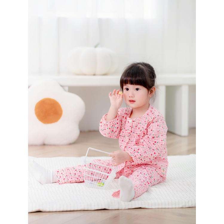 Bộ Dài Tay Bé Gái CARROT, Họa Tiết Hoa Nhí Kẻ Caro Hồng, Chất Liệu Thô Cotton Mềm Thoáng Mát Thấm Hút Mồ Hôi Tốt