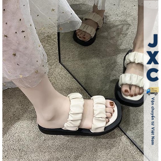 JINxCHOY SHOES Mùa hè dày đế dép PU đám mây xếp li kiểu Pháp 100 miếng đáy phẳng kéo bên ngoài chống trượt mát dép