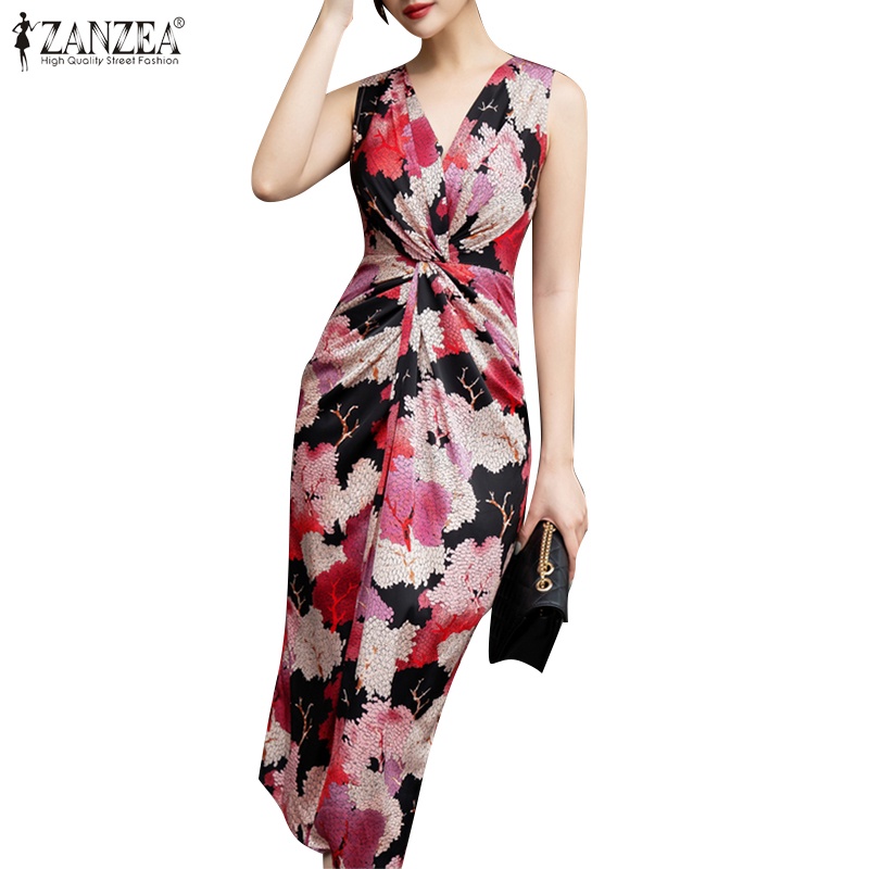 Zanzea Đầm midi Không Tay Cổ Chữ v Họa Tiết Hoa Thanh Lịch Cho Nữ