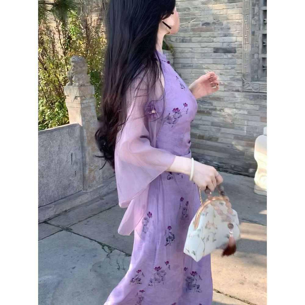 Here comes Đầm Sườn Xám Cách Tân Ôm Dáng Hở Vai Nhẹ Nhàng retro Hoa wisteria Thời Trang Xuân Hè Mới Dành Cho Bạn Nữ mlot