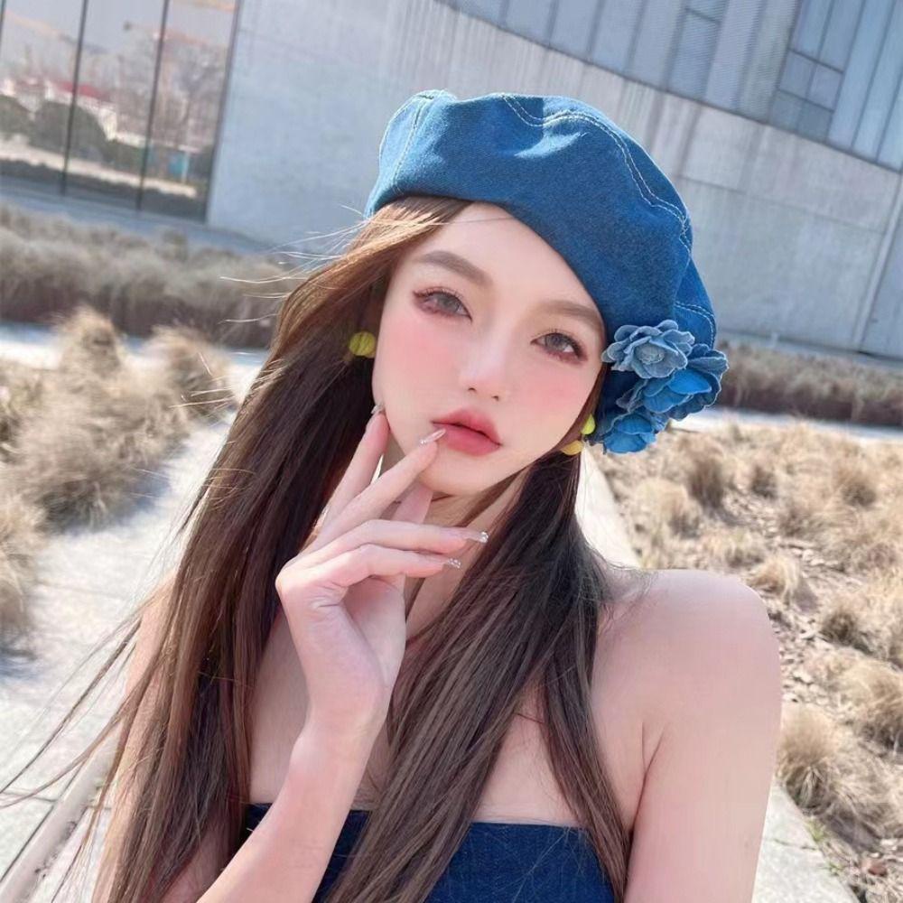Mũ beret denim Họa Tiết Hoa Trà Phong Cách Hàn Quốc y2k y2k