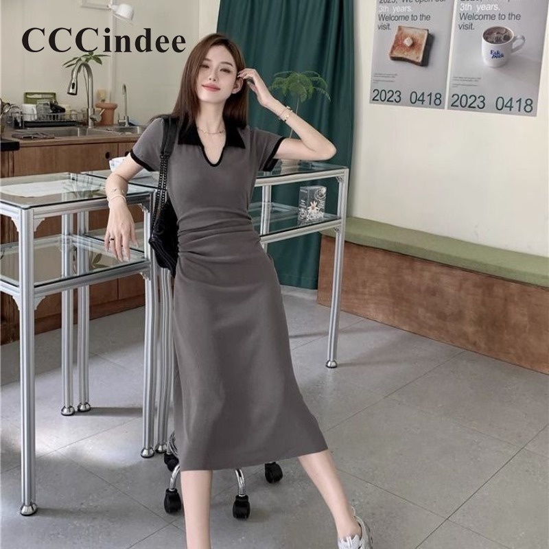 Cccindee Đầm Tay Ngắn Cổ polo Họa Tiết Kẻ Sọc Màu Tương Phản Thời Trang Mới 2023 Dành Cho Bạn Nữ