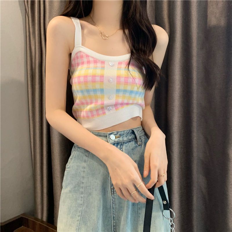 Áo Hai Dây Dệt Kim Kẻ Sọc Caro Xinh Xắn Cho Nữ