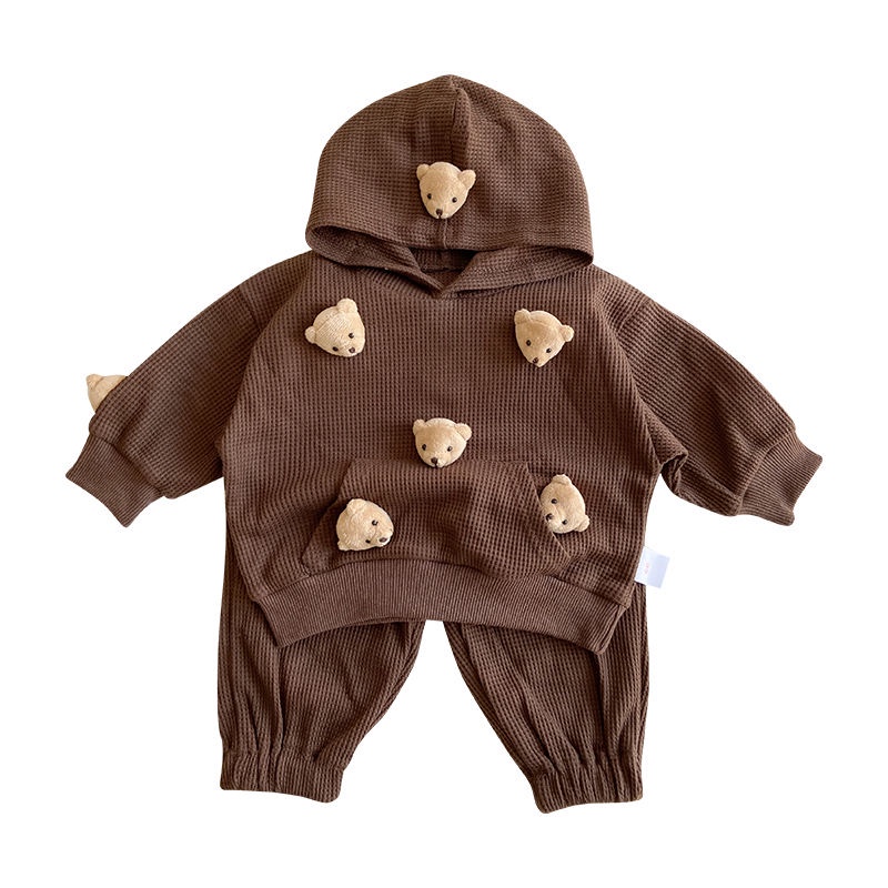 Bộ Đồ Hai Mảnh Áo Hoodie Tay Dài Màu Trơn In Hình Gấu Dễ Thương Phong Cách Hàn Quốc Thời Trang Mùa Thu Cho Bé Trai / Gái