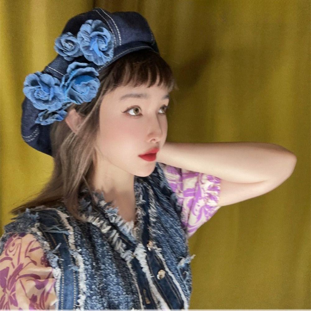 Mũ beret denim Họa Tiết Hoa Trà Phong Cách Hàn Quốc y2k y2k