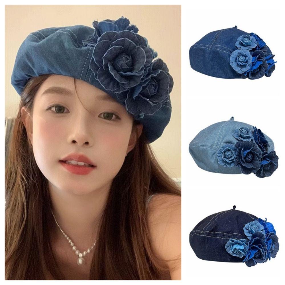 Mũ beret denim Họa Tiết Hoa Trà Phong Cách Hàn Quốc y2k y2k