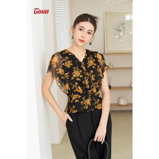 Áo tơ đen hoa vàng nhăn dáng peplump tà chéo Limitted Toson 14103H83