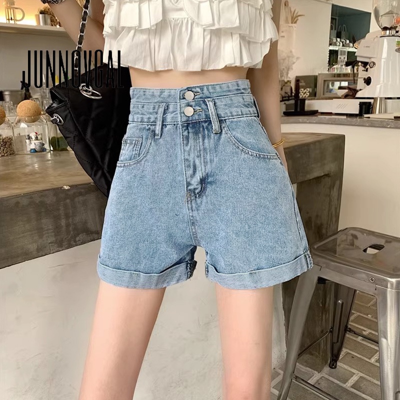Junnovgal Quần Short denim Lưng Cao Ống Rộng Thời Trang 2023 Cho Nữ