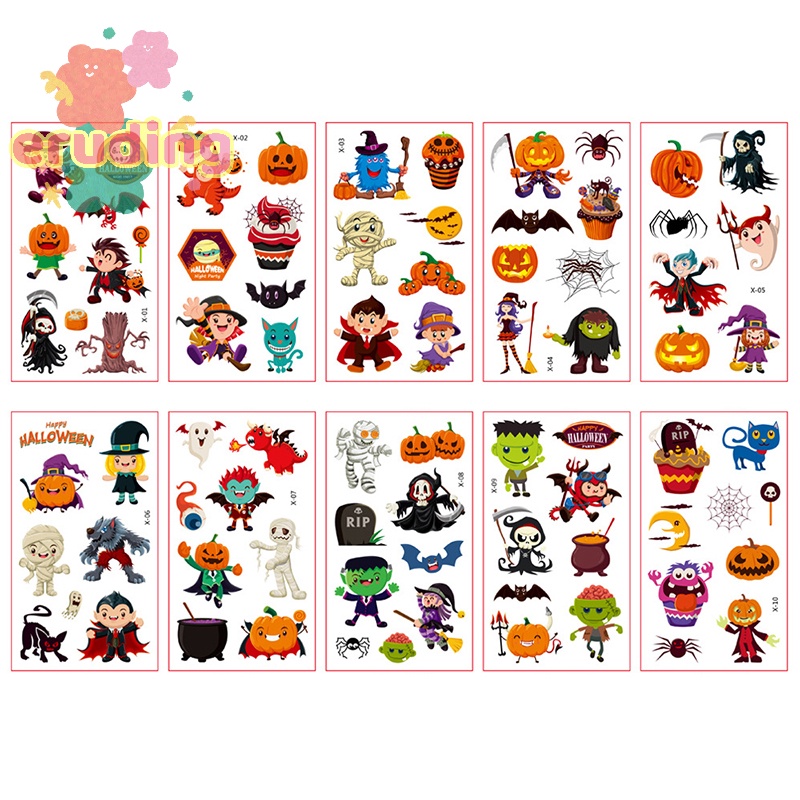 Bộ 10 Hình Xăm Dán Mặt / Cánh Tay / Mặt / Cánh Tay Họa Tiết halloween Vui Nhộn Dành Cho Bé