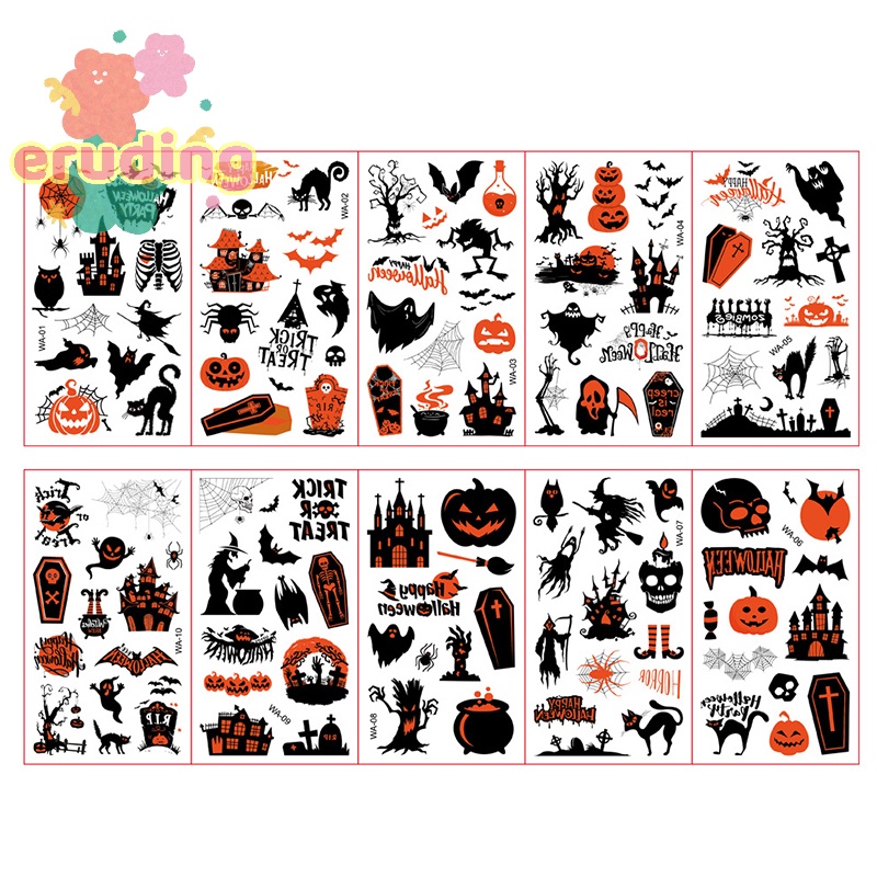 Bộ 10 Hình Xăm Dán Mặt / Cánh Tay / Mặt / Cánh Tay Họa Tiết halloween Vui Nhộn Dành Cho Bé