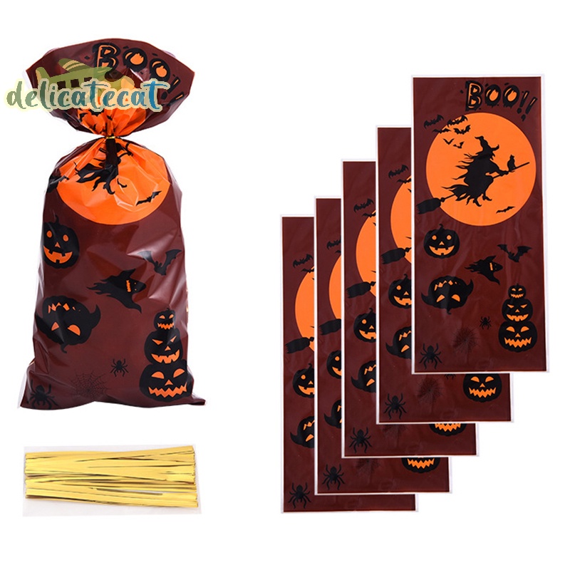 Set 50 Túi Đựng Kẹo halloween 12.5X27.5Cm Có Dây Ruy Băng Trang Trí halloween