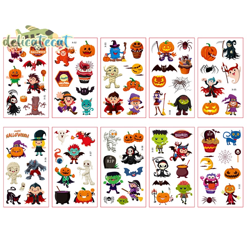 Bộ 10 Hình Xăm Dán Mặt / Cánh Tay Họa Tiết halloween Hoạt Hình Vui Nhộn Cho Bé