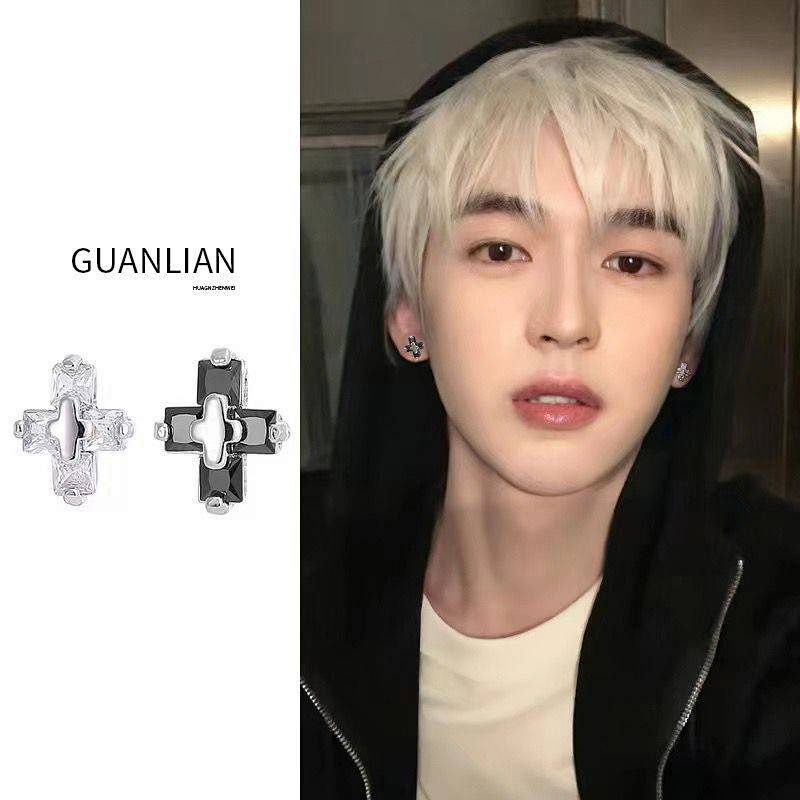 S925 Sterling Silver Stud Earrings Men's Trendy Pu Handsome Personality Men's Cross Hip Hop High Sense Boys Simple Zircon Ears VOiH