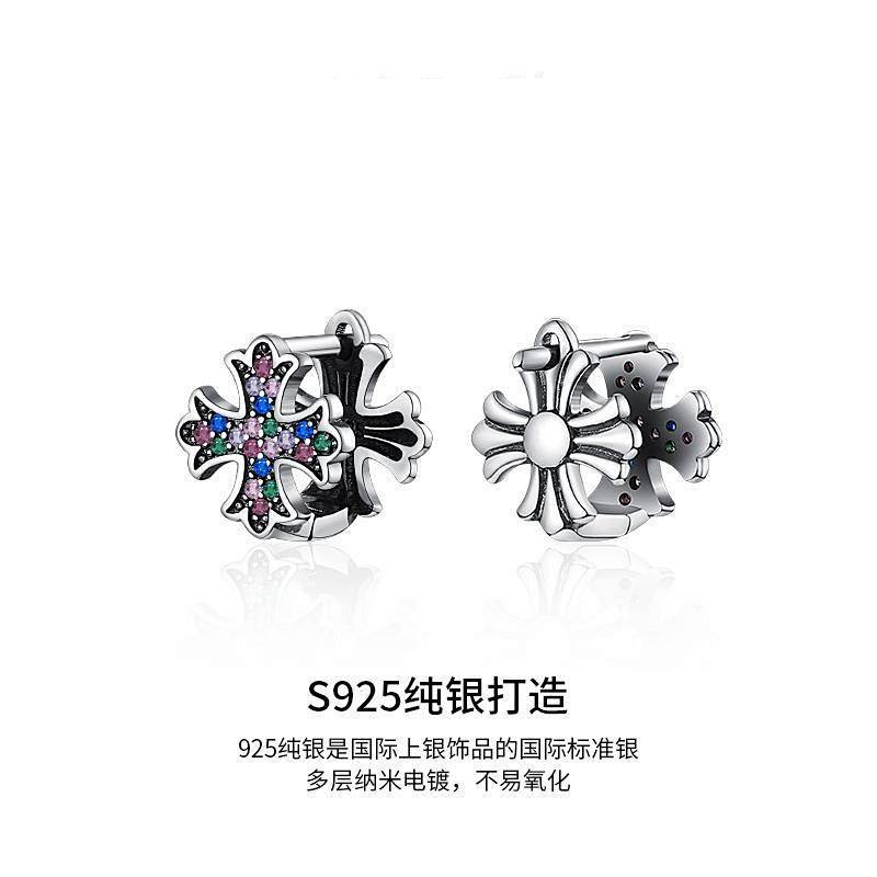 Sterling Silver Earrings Men's High-Grade Colorful Cross Boys Ear Clip Single One Style for Dual-Wear Cold Wind Trendy Men's Earrings Mbix
