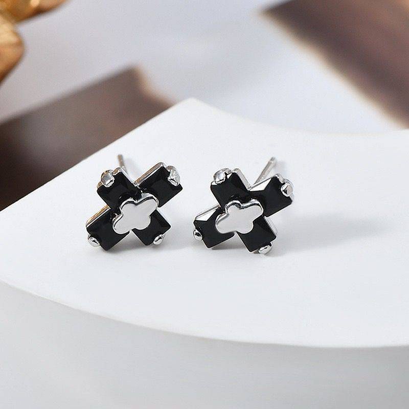 S925 Sterling Silver Stud Earrings Men's Trendy Pu Handsome Personality Men's Cross Hip Hop High Sense Boys Simple Zircon Ears VOiH