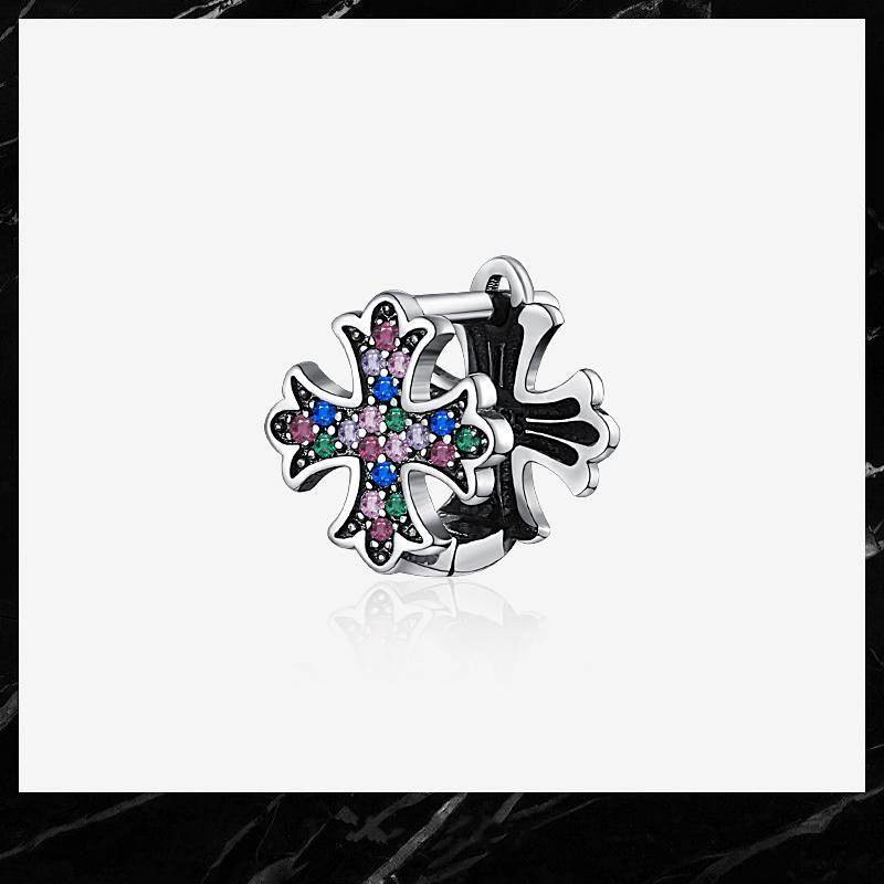 Sterling Silver Earrings Men's High-Grade Colorful Cross Boys Ear Clip Single One Style for Dual-Wear Cold Wind Trendy Men's Earrings Mbix