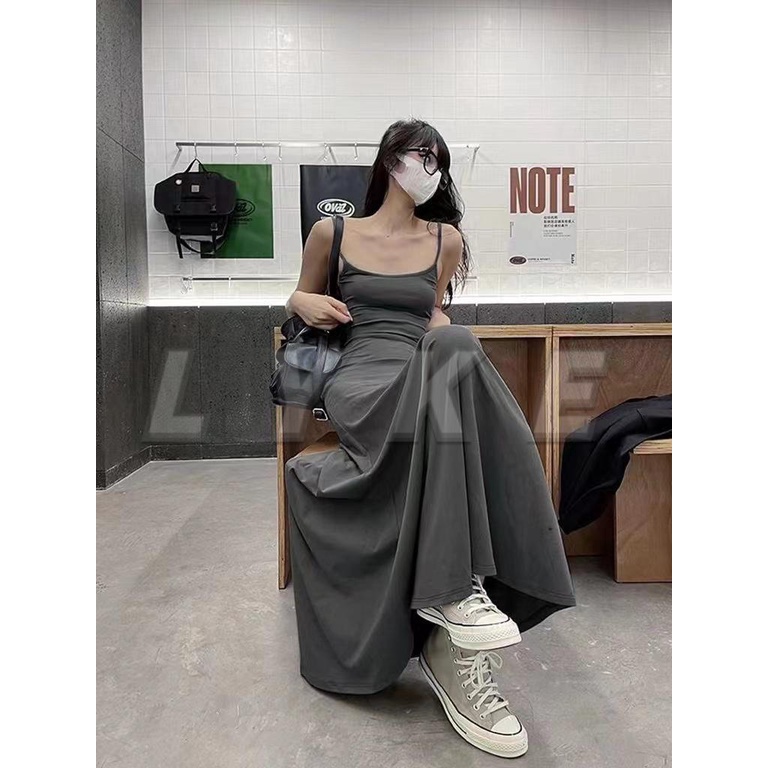 Váy Liền Hai Dây Cạp Cao Hot Girl Nữ Mùa Hè2023Váy Dài Quá Đầu Gối Mặc Bên Trong Phối Bên Trong Hở Vai Thon Gọn Eo Mẫu M
