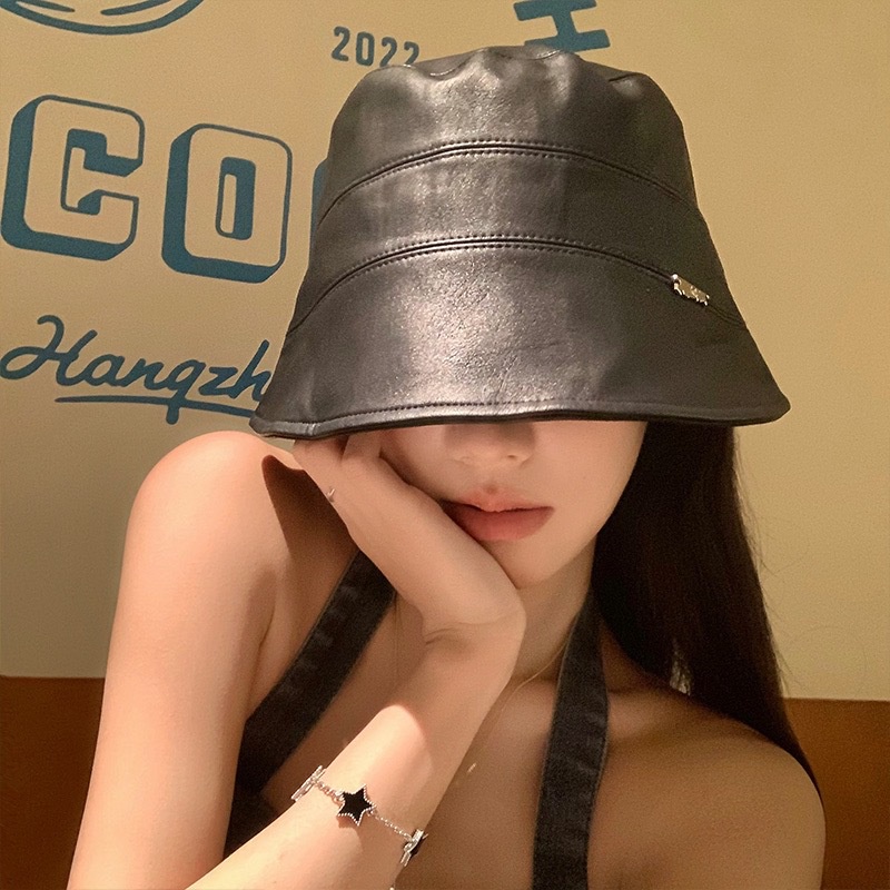 Mũ bucket Chất Liệu Da Nhân Tạo Màu Trơn Thời Trang Thu Đông Phong Cách Hàn Quốc Cho Nữ