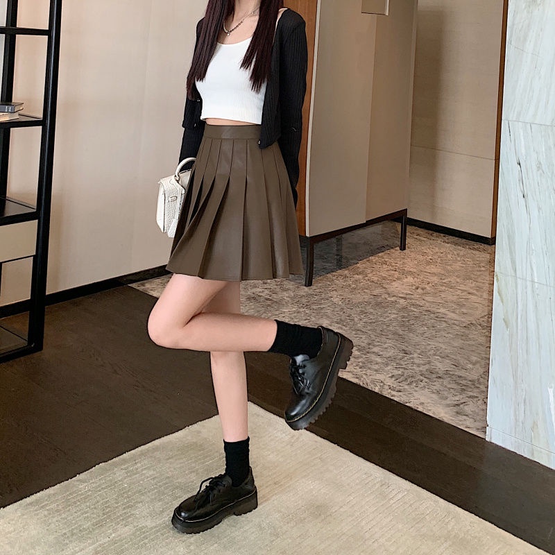 Chân Váy Da pu Xếp Ly Dáng Chữ a Lưng Cao Phong Cách Hàn Quốc Thời Trang Thu Đông 2023 Cho Nữ