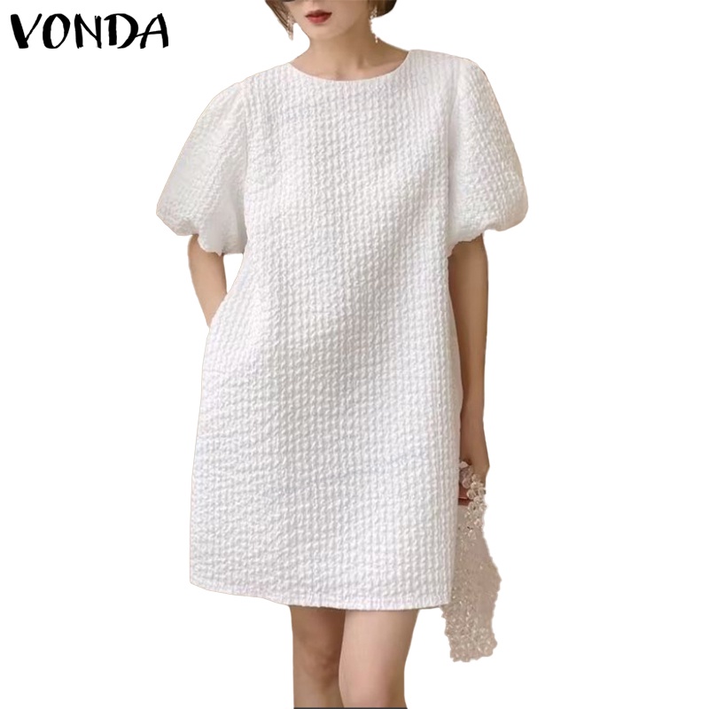 Đầm Tay Phồng Ngắn Cổ Tròn Màu Trơn Phong Cách Hàn Quốc Cho Nữ