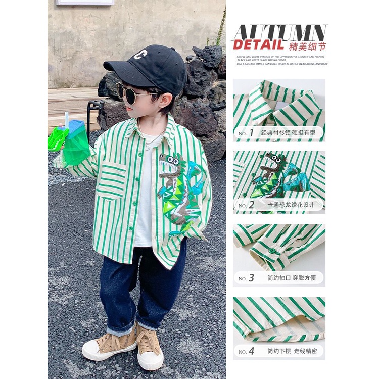 Áo Sơ Mi Kẻ Sọc In Hình Khủng Long Thời Trang Mới 2023 Cho Bé Trai