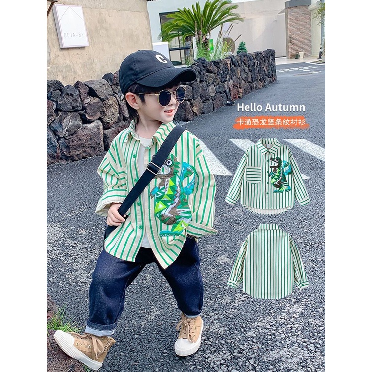 Áo Sơ Mi Kẻ Sọc In Hình Khủng Long Thời Trang Mới 2023 Cho Bé Trai