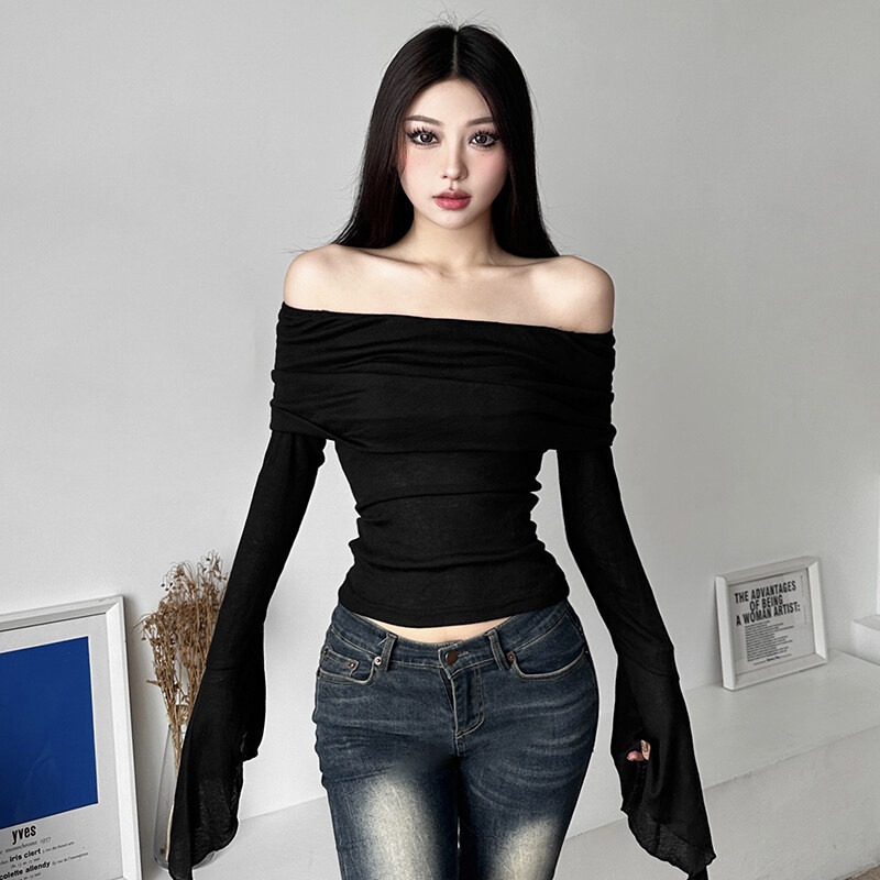 Áo Thun Trơn Tay Dài Hở Vai Dáng Ôm Co Giãn Đơn Giản Quyến Rũ Cho Nữ Mềm