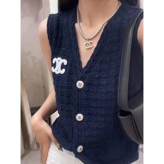 Yuewen thêu cổ chữ v dệt kim áo ce retro arc de triomphe áo vest ngoài nữ mặc áo vest