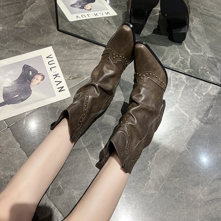 Giày Bốt Da pu Gót Dày Mũi Nhọn Thoáng Khí Cao Cấp Phong Cách Pháp Thời Trang Mùa Đông