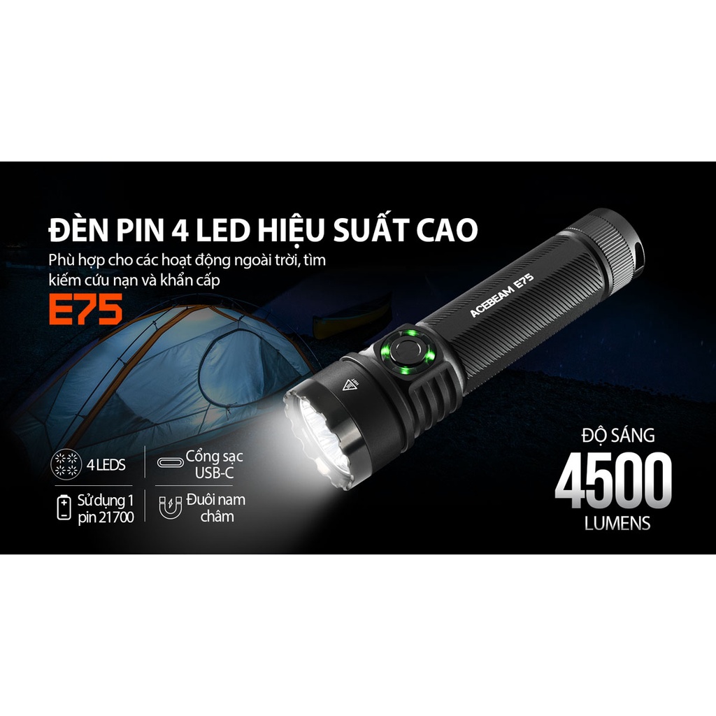 Đèn pin ACEBEAM E75 độ sáng 4500 lumen chiếu xa 260m pin 21700 5000mAh cổng sạc USB-C