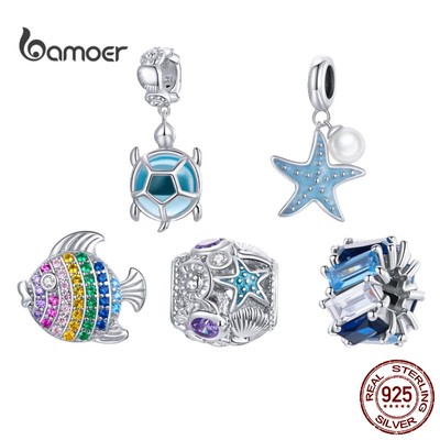 Hạt charm BAMOER SCC1803 bạc 925 mặt sinh vật biển khảm đá zircon thời trang cho nữ
