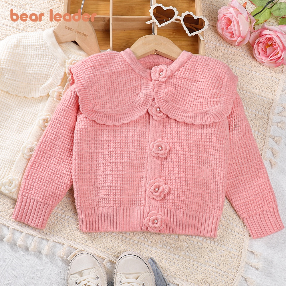 BEAR LEADER Áo Khoác cardigan Len Tay Dài Màu Trơn Cổ Bẻ In Họa Tiết Hoa / Chú Gấu Thời Trang Thu Đông Hàng Mới 2023 Dành Cho Bé Gái