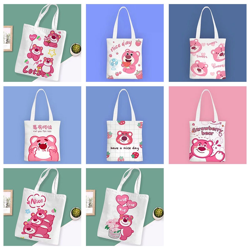 Laz Johnn Túi tote Vải canvas In Hoạt Hình Gấu Dâu Tây Dễ Thương Cho Học Sinh